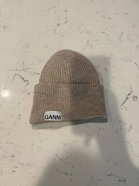Ganni Ribbed Fold-Over Beanie in Beige Taupe